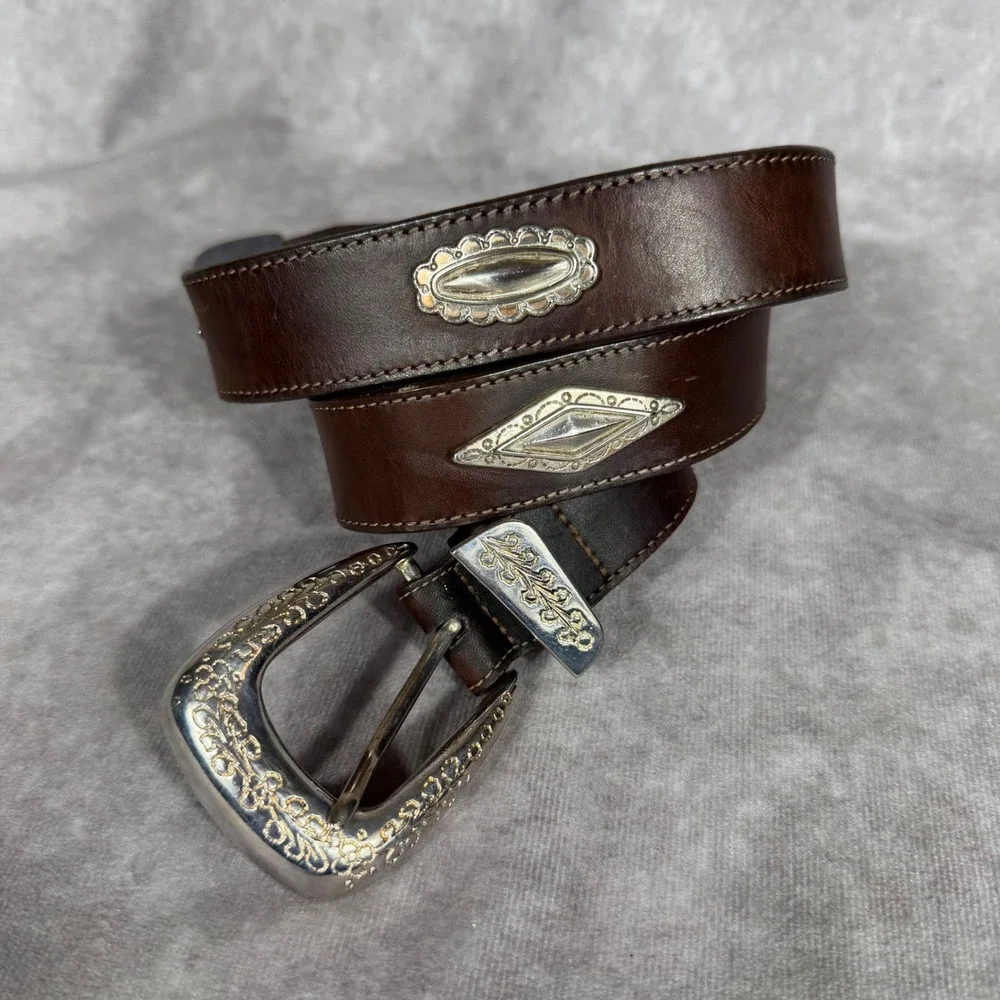 Vtg '91 Brighton Brown Leather Western‎ Belt Silver Gold Floral Concho USA Large